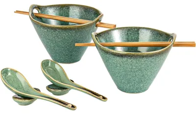 Immagine prodotto di Set di 2 ciotole per ramen, capacità 600 ml, in Vetroceramica, con bacchette, cucchiaio e posapentole, colore verde lucido