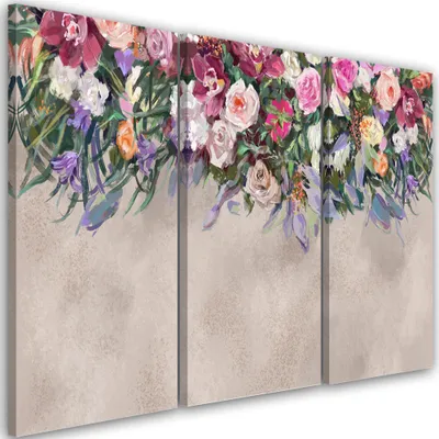 Produktbild von Triptychon auf leinwand überwucherte blumen 150x100 cm Feeby beige wandbild bereit zum aufhängen