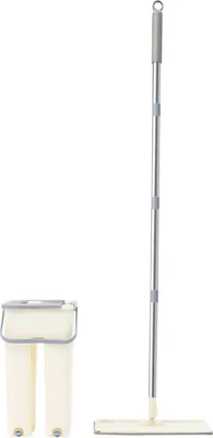 Produktbild von Flachmopp mit Eimer - Bodenreinigungsset - 8 L Eimer - 33×12×128 cm - Stahlstiel - 10 Wischpads - Beige