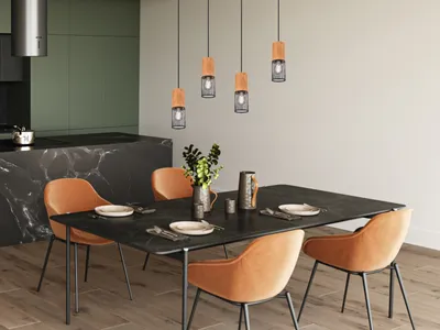 Produktbild von Trio Leuchten - Landhaus I Vintage Industrie I Vintage I Hängelampe I Pendellampe I Pendelleuchte schwarz mit Holz 4-flammig-Licht - Manon I Wohnzimmer I Schlafzimmer - Stahl Länglich - LED geeignet E