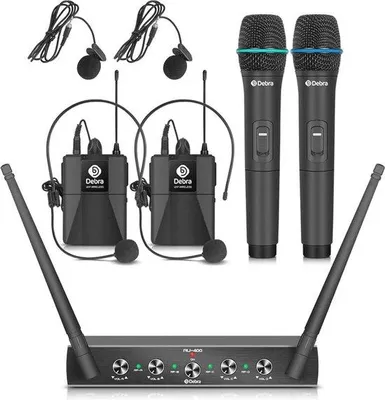 Immagine prodotto di Set microfonico wireless a 4 canali con microfoni lavalier e microfoni a mano - Ideale per karaoke ed eventi