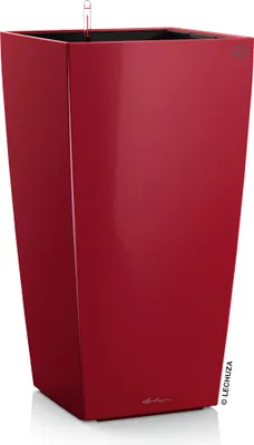 A red planter on a white background.