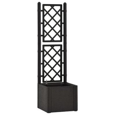 A black planter box with a trellis attached, shown against a white background.