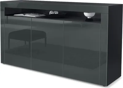 Produktbild von Vladon Sideboard Valencia, Germany, Kommode mit 3 Türen und 1 offenem Fach, Schwarz matt/Grau Hochglanz/Grau Hochglanz (155 x 92 x 40 cm)