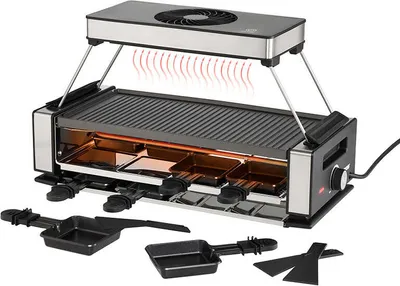 Der Unold Raclette Smokeless ist ein elektrischer Tischgrill mit Antihaftbeschichtung, vier Käsepfän