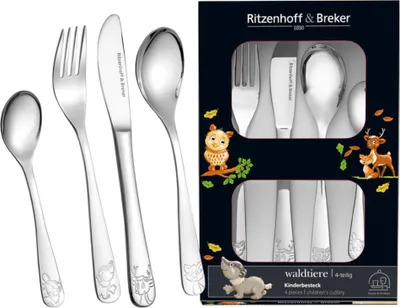 Immagine prodotto di Posate per bambini Ritzenhoff & Breker "WALDTIERE", set di 4 pezzi in acciaio inox di alta qualità, con motivi di animali