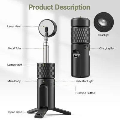 Immagine prodotto di Lampada da campeggio portatile - Lanterna LED telescopica con treppiede - Batterie incluse - Luce di emergenza - Impermeabile - Luce da lavoro da 3 W - Nera