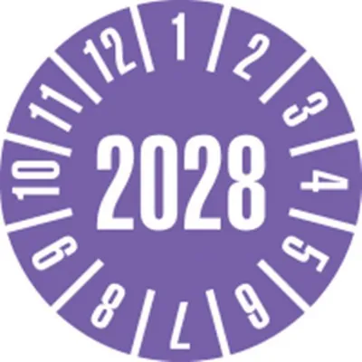 Produktbild von Dreifke® Prüfplakette 2028, violett, Schachbrettfolie, selbstklebend, Ø 30mm,...