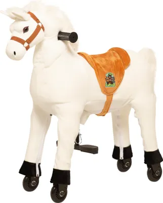 Produktbild von Animal Snowy Reitpferd für Kinder ab 3 Jahre – Plüschkörper, rostfreier Stahlrahmen. Innovatives Antriebssystem mit Lenkung, Haltegriffen, Fußstützen, Kunststoffrädern. Rein mechanisch, lautlos. Sattelhöhe 56 cm, max. 40 kg, Maße 67x27x78 cm, weiß.