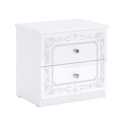 A white high-gloss nightstand with two drawers and decorative detailing.