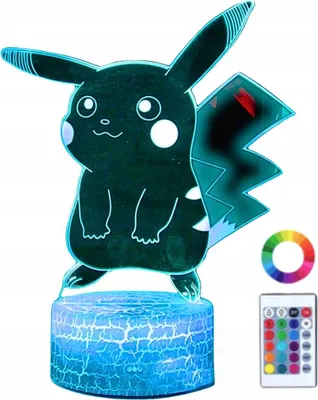 A 3D LED night light shaped like Pikachu, with a remote control and color wheel.