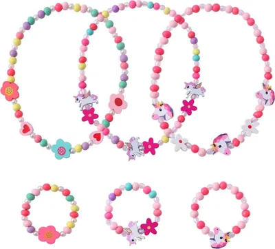 Produktbild von Holz Kinder Schmuck Set, 3Pcs Einhorn Freundschaftsarmband | 3Pcs Mädchen Halskette, Einhorn Armbänder Mädchen, Halskette Armbänder Kinder Mitgebsel, Geburtstagsparty KinderMitgebsel