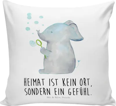 Produktbild von Mr. & Mrs. Panda Kissen 40x40 Elefant Seifenblasen - Weiß - Geschenk, Polster, Tiermotive, kuschelkissen, Deko, Heimat, Liebe, Dekokissen Sofa, Elefanten, Liebesspruch