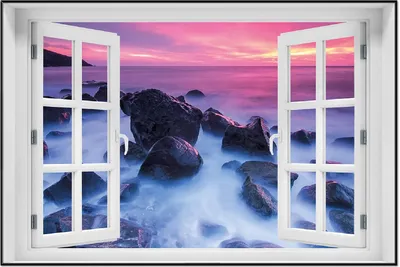 Produktbild von Wallario Wandbild mit Fenster-Illusion: Felsen im Meer bei Sonnenuntergang, Größe: 61 x 91,5 cm, Poster mit schwarzem Aluminiumrahmen