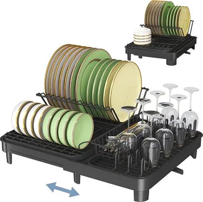 Image de Support de séchage Unyqoos® en acier inoxydable, extensible et amovible, avec bac de récupération, étendoir à vaisselle pliable 5-en-1, 45x35x8 cm, argent