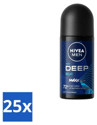Imagen del producto de 25 unidades de desodorante roll-on NIVEA MEN Deep Beat, 50 ml cada uno. Paquete económico