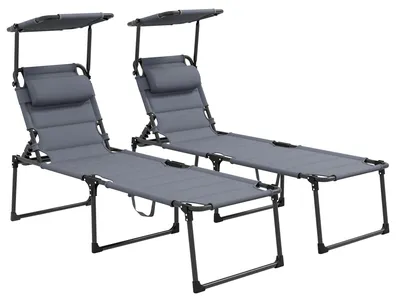 Produktbild von 2er Set Sonnenliegen klappbar, 4-fach verstellbar, 70x200x45 cm, Grau, verstellbares Sonnendach 0-90°, Oxford-Gewebe, kein Aufbau