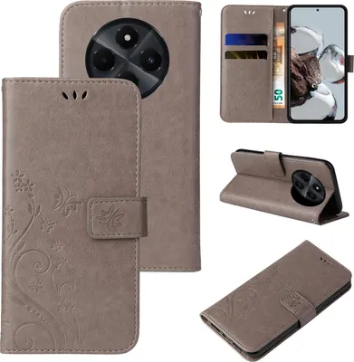 A collage of images showing a flip phone case with a floral and butterfly design, in different orientations and states of use.
