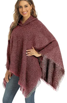 Zdjęcie produktu dla Poncho damski z kapturem i frędzlami, czerwony, zimowy, ciepły, elegancki