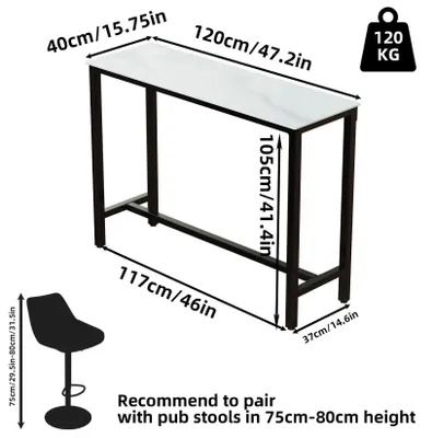 Immagine prodotto di Tavolo alto da bar - Tavolino consolle rettangolare - 120x40x105 cm - Struttura in metallo di ferro - Piano in sinterizzata - Design moderno - Bianco