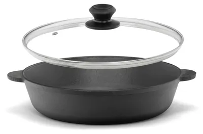 Produktbild von Ø28cm Gusseisenpfanne mit Glasdeckel Bräter Schmortopf aus Gusseisen zwei Griffe Servierpfanne