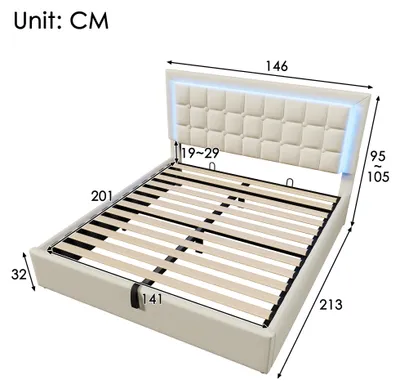Image de Lit rembourré 140 x 200 cm avec sommier à lattes, coffre de rangement, bandeau LED, similicuir, blanc