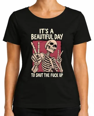 Immagine prodotto di Maglietta da donna in stile goth, nera, con la scritta "È una bella giornata per stare zitti", decorata con immagini di teschi, cuori e fiori. Taglia: S