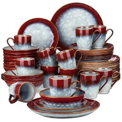 Produktbild von Essgeschirr-Set, Sternen-Design, Ofenwechselglasur, 48-PCS ROT