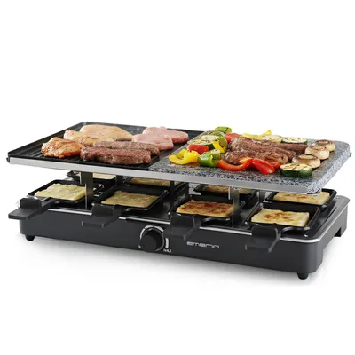 Productafbeelding van Emerio Gourmet Steengrill – Raclette Grill – 1400 W – 8 Personen – Instelbare Thermostaat – Inclusief 8 Houten Spatels & Pannetjes – RG-110035