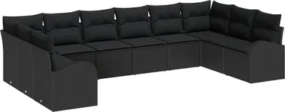 Image de Ensemble de canapés vidaXL avec coussins (10 pièces), en polyrotin noir