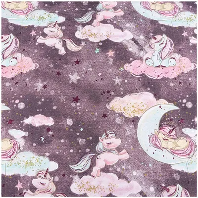 Baumwollstoff Einhorn lila – Kinderstoff Meterware mit Mond & Sternen.