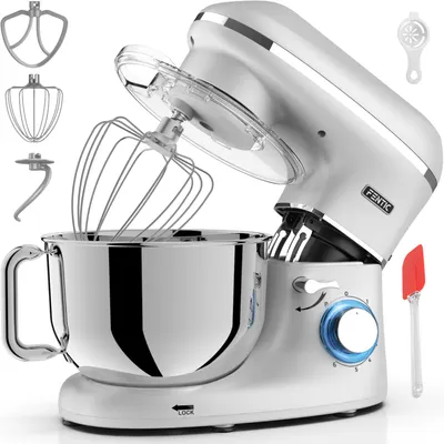 A white Fentic stand mixer with various attachments is displayed against a white background.