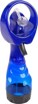 A blue handheld fan with a water mister attachment.