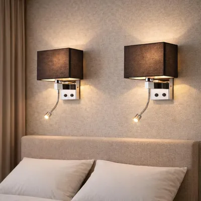 Produktbild von ZMH Wandleuchte Innen 2er Schlafzimmer Wandlampe Wandleuchten Schwarz LED 360° Schwenkbar Leselampe Stoffschirm E27 Beleuchtung Schalter für Flur