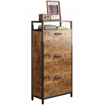 A vintage-style shoe cabinet with three drawers, topped with decorative items.