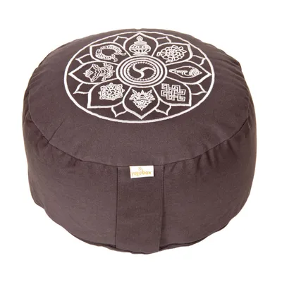 Produktbild von yogabox Meditationskissen Glückssitz® 8 Glückverheißende Symbole - grau 33 x 33 x 15 cm Buchweizenschalen