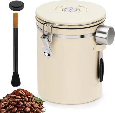 Productafbeelding van Koffiebus, luchtdichte opbergcontainer voor koffiebonen, 2,8 liter, roestvrijstalen koffiecontainer met afvoerkraan, datumindicator, maatlepel en borsteltje voor koffie