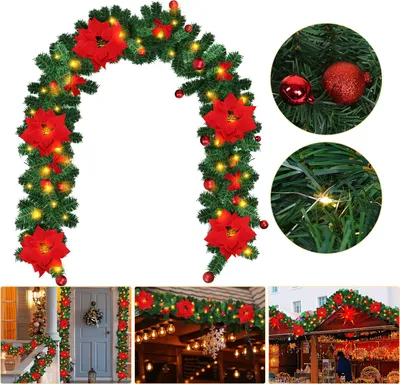 Produktbild von ISOISL LED-Weihnachtsgirlande 2,7 m, 50 LEDs warmweiß, Batteriebox, rotes Dekorationsset, Weihnachtsdeko für Tür und Treppe