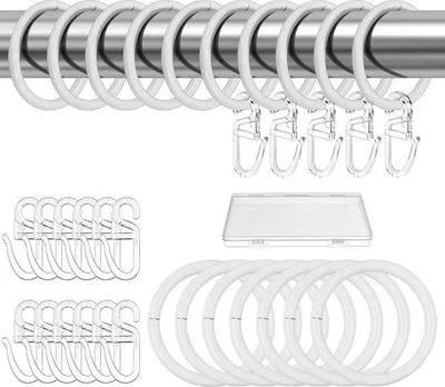 Produktbild von 30 Stück Metall-Gardinenringe mit 50 Kunststoff-Haken, Gardinenringe für Gardinenhaken, Duschgardine, innere Durchmesser 30 mm (weiß)