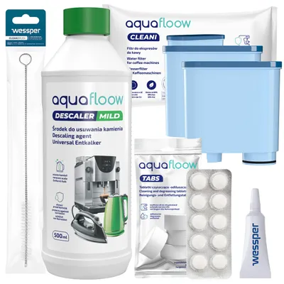 Produktbild von Aquafloow Rundum-Pflegeset für Kaffeevollautomaten – 2x Cleani Wasserfilter Kompatibel mit Philips Saeco CA6903, 500ml Entkalker, 10 Reinigungstablett
