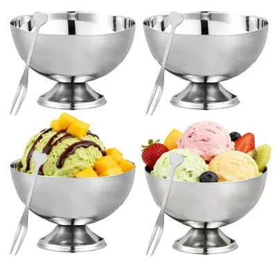 4 Edelstahl-Eisbecher mit Fuß, 270 ml, spülmaschinengeeignet
