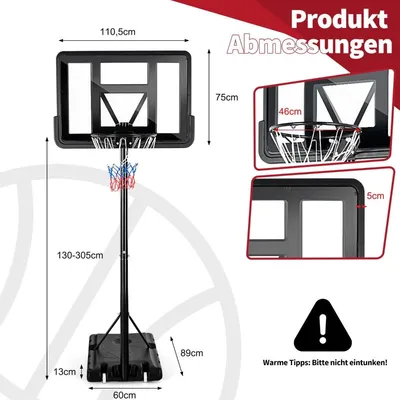 Image de Support de basket 130 - 305 cm avec filet et 2 roulettes, réglable en hauteur noir