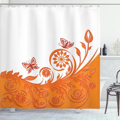 Produktbild von ABAKUHAUS Orange Duschvorhang, Künstlerisches Blumen Motiv in altmodischen Schmetterlingen Muster, 175 x 240 cm, Orange Weiss
