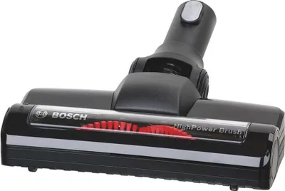 A black Bosch vacuum cleaner attachment with a red brush roll is shown against a white background.