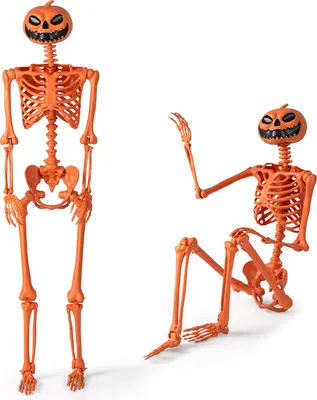 Produktbild von COSTWAY 158cm Halloween Deko Skelett, Skelette Kürbis mit beweglichen Gelenken&Seil, Lebensgroße Halloween Dekoration, Plastik, für drinnen, Orange