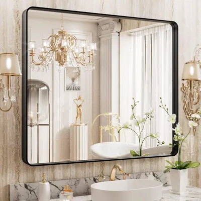 Immagine prodotto di Specchio da bagno rettangolare, 91,4 x 76,2 cm, cornice in metallo nera, vetro temperato, angoli arrotondati