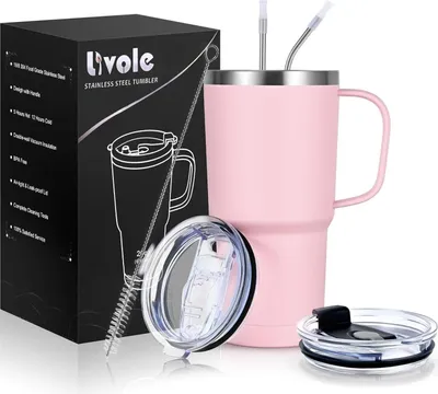Obrázok produktu pre Termohrnček Livole 600 ml so slamkou a viečkom, 20oz vákuový hrnček na kávu - svetloružový