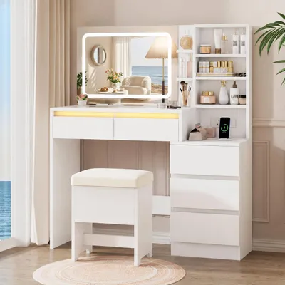 Produktbild von IRONCK Schminktisch mit LED-Beleuchtung, Glasplatte, Hocker & Steckdose