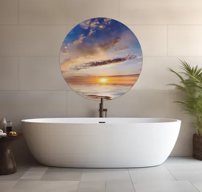 Produktbild von Wallario wasserfestes Poster selbstklebend 90 x 90 cm, Sonnenuntergang über dem Wasser, Badezimmerposter Spritzschutz mit Hochglanzoberfläche in Glasoptik
