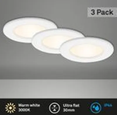 Three white LED ceiling lights are shown in a diagonal arrangement against a light gray background.